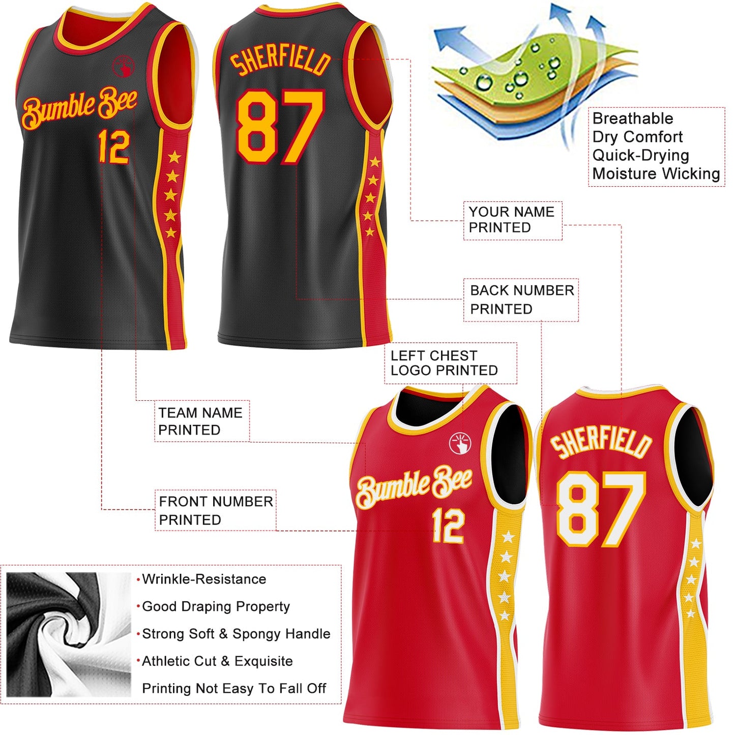 Custom Reversible Black Gold-Red Double Side Star Sublimation Basketball Set Jersey