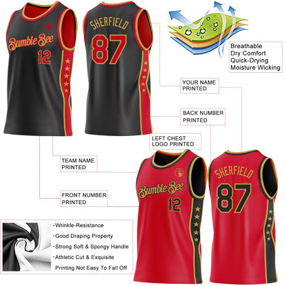 Custom Reversible Black Red-Old Gold Double Side Star Sublimation Basketball Set Jersey