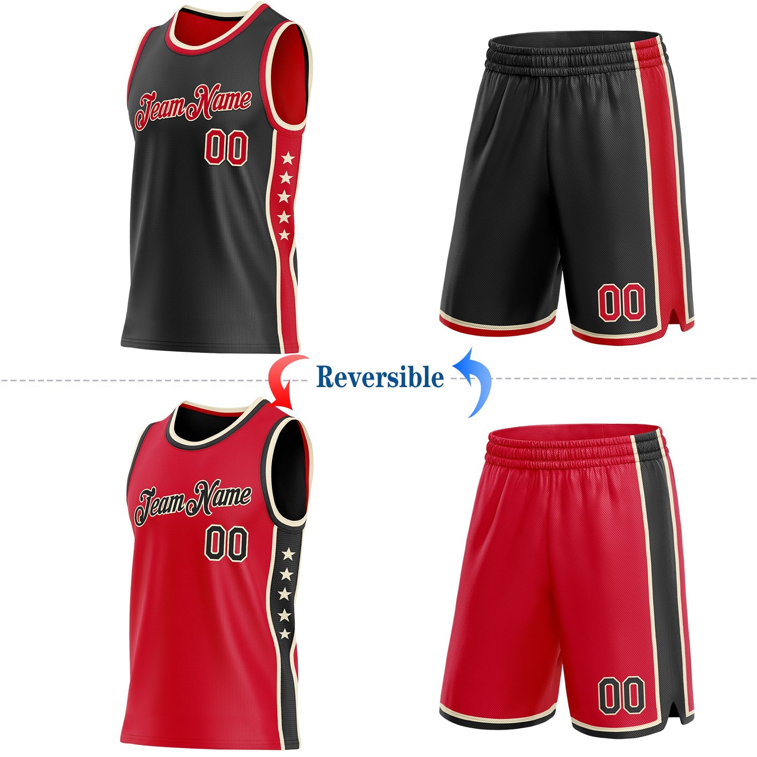 Custom Reversible Black Red-Cream Double Side Star Sublimation Basketball Set Jersey