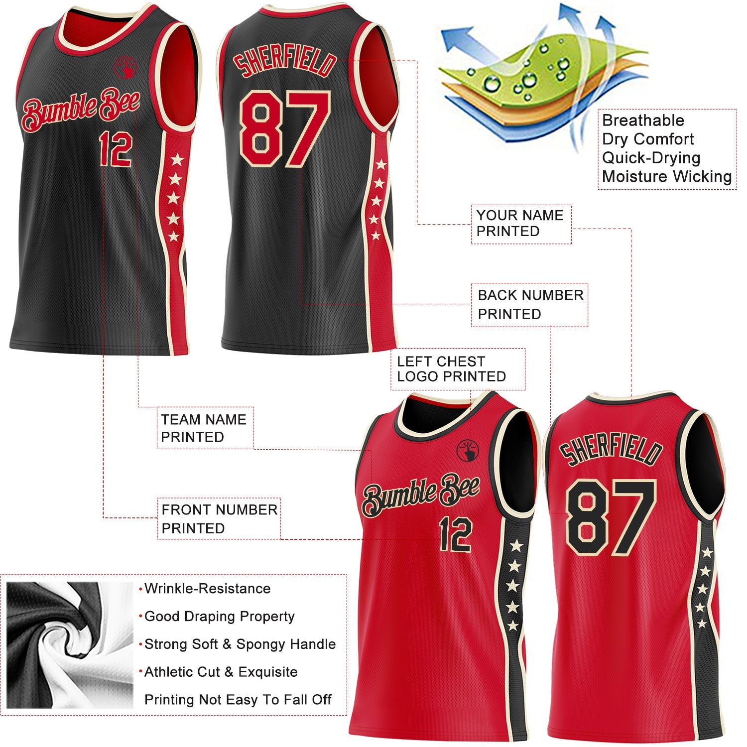 Custom Reversible Black Red-Cream Double Side Star Sublimation Basketball Set Jersey