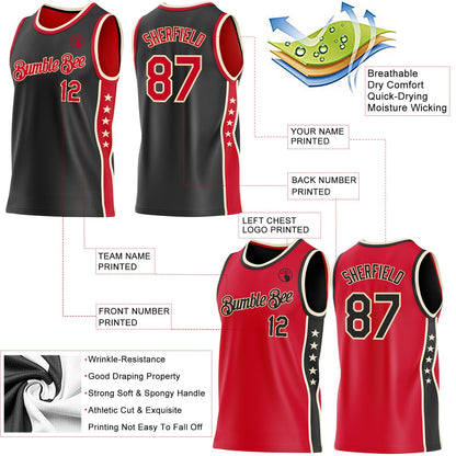Custom Reversible Black Red-Cream Double Side Star Sublimation Basketball Set Jersey