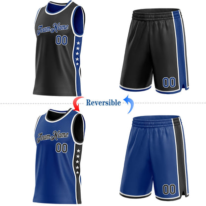 Custom Reversible Black Royal-White Double Side Star Sublimation Basketball Set Jersey