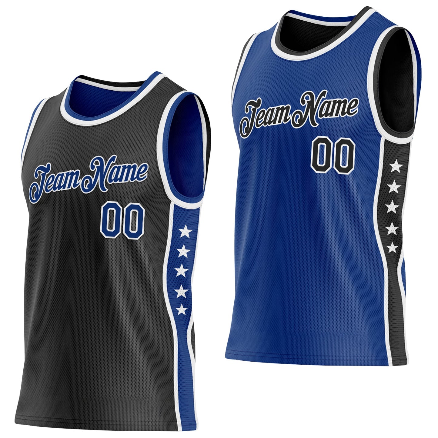 Custom Reversible Black Royal-White Double Side Star Sublimation Basketball Set Jersey