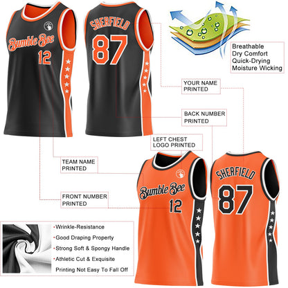 Custom Reversible Black Orange-White Double Side Star Sublimation Basketball Set Jersey