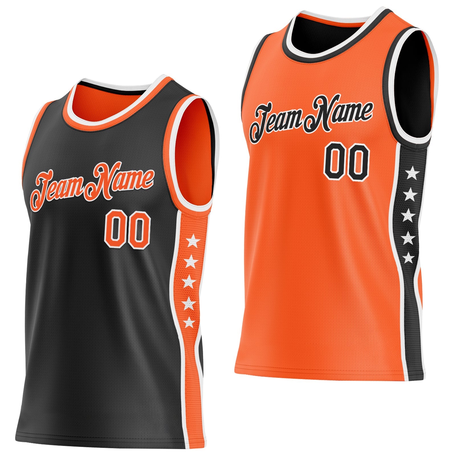 Custom Reversible Black Orange-White Double Side Star Sublimation Basketball Set Jersey