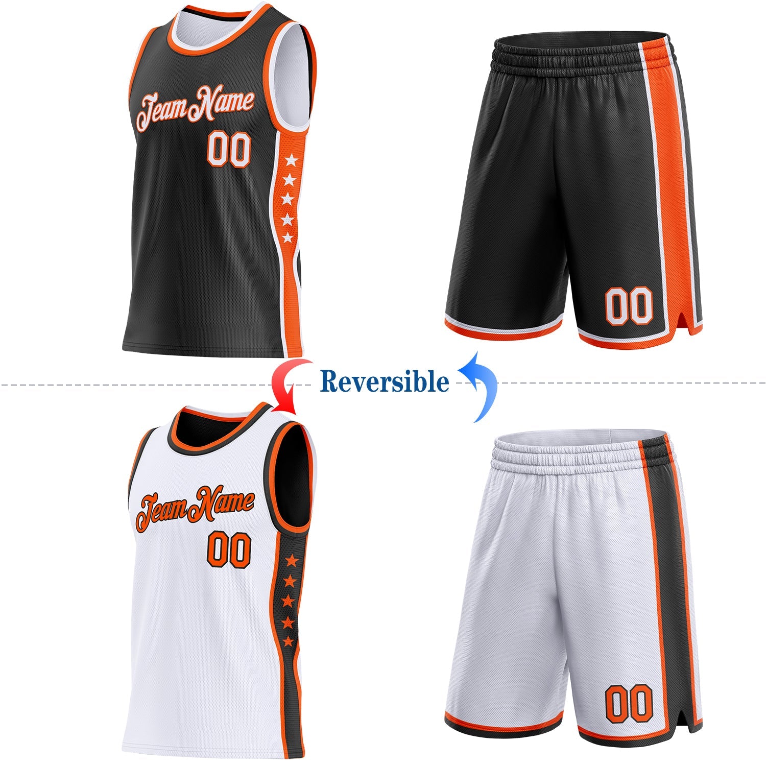 Custom Reversible Black White-Orange Double Side Star Sublimation Basketball Set Jersey