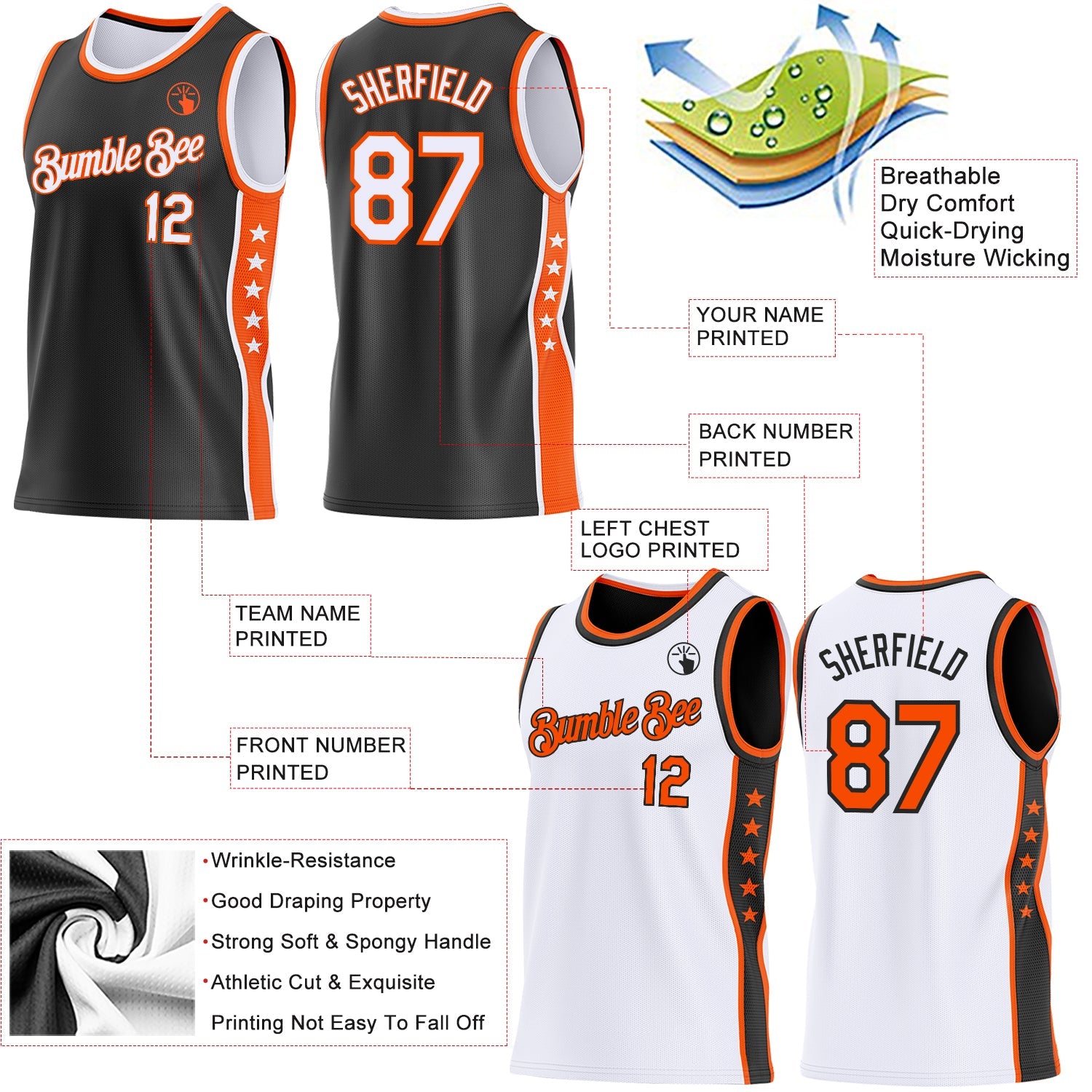 Custom Reversible Black White-Orange Double Side Star Sublimation Basketball Set Jersey