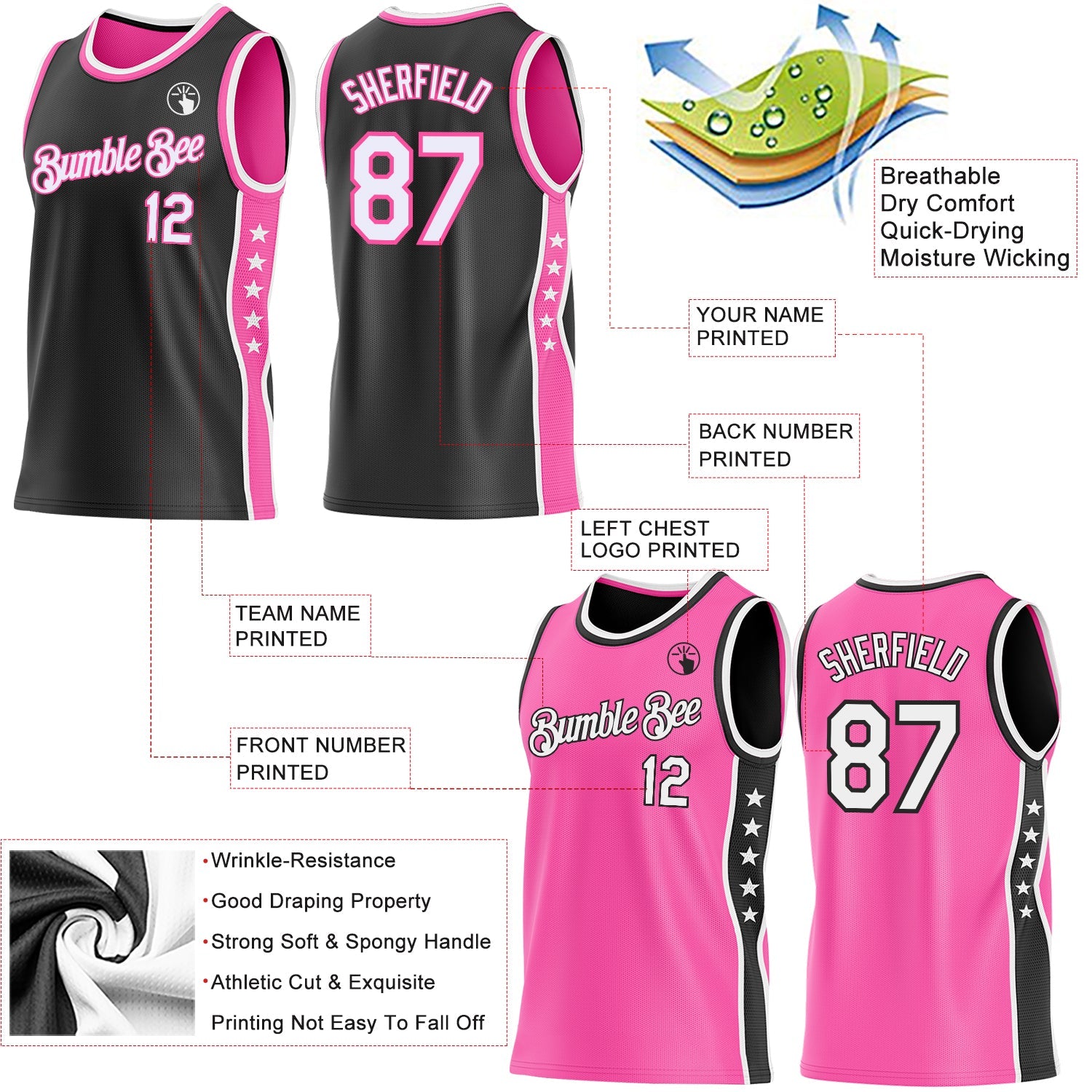 Custom Reversible Black White-Pink Double Side Star Sublimation Basketball Set Jersey