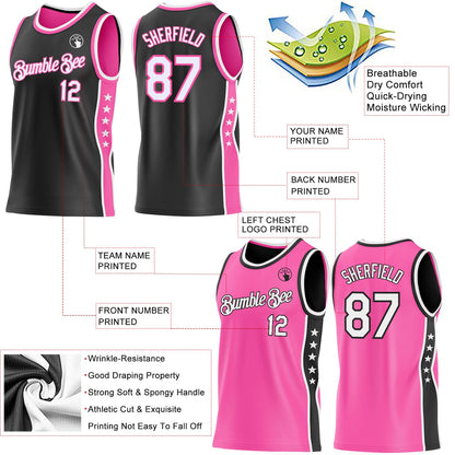 Custom Reversible Black White-Pink Double Side Star Sublimation Basketball Set Jersey
