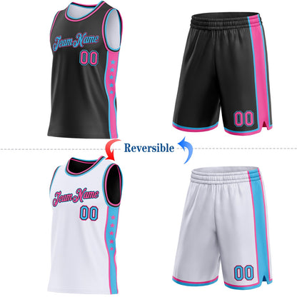 Custom Reversible Black Pink-Sky Blue Double Side Star Sublimation Basketball Set Jersey