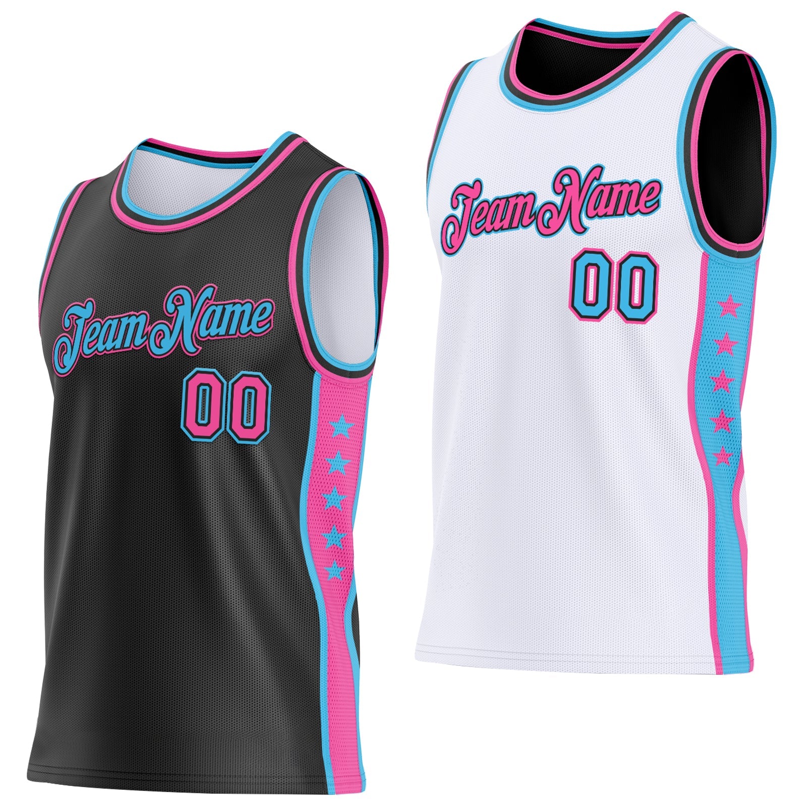 Custom Reversible Black Pink-Sky Blue Double Side Star Sublimation Basketball Set Jersey