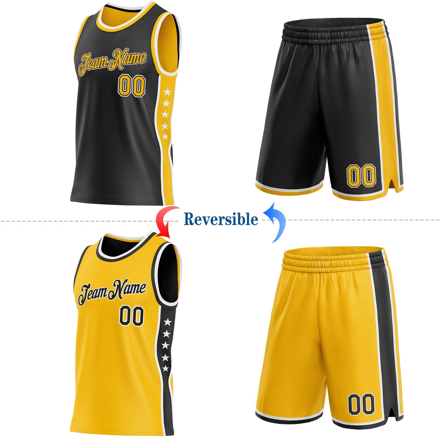 Custom Reversible Black Gold-White Double Side Star Sublimation Basketball Set Jersey