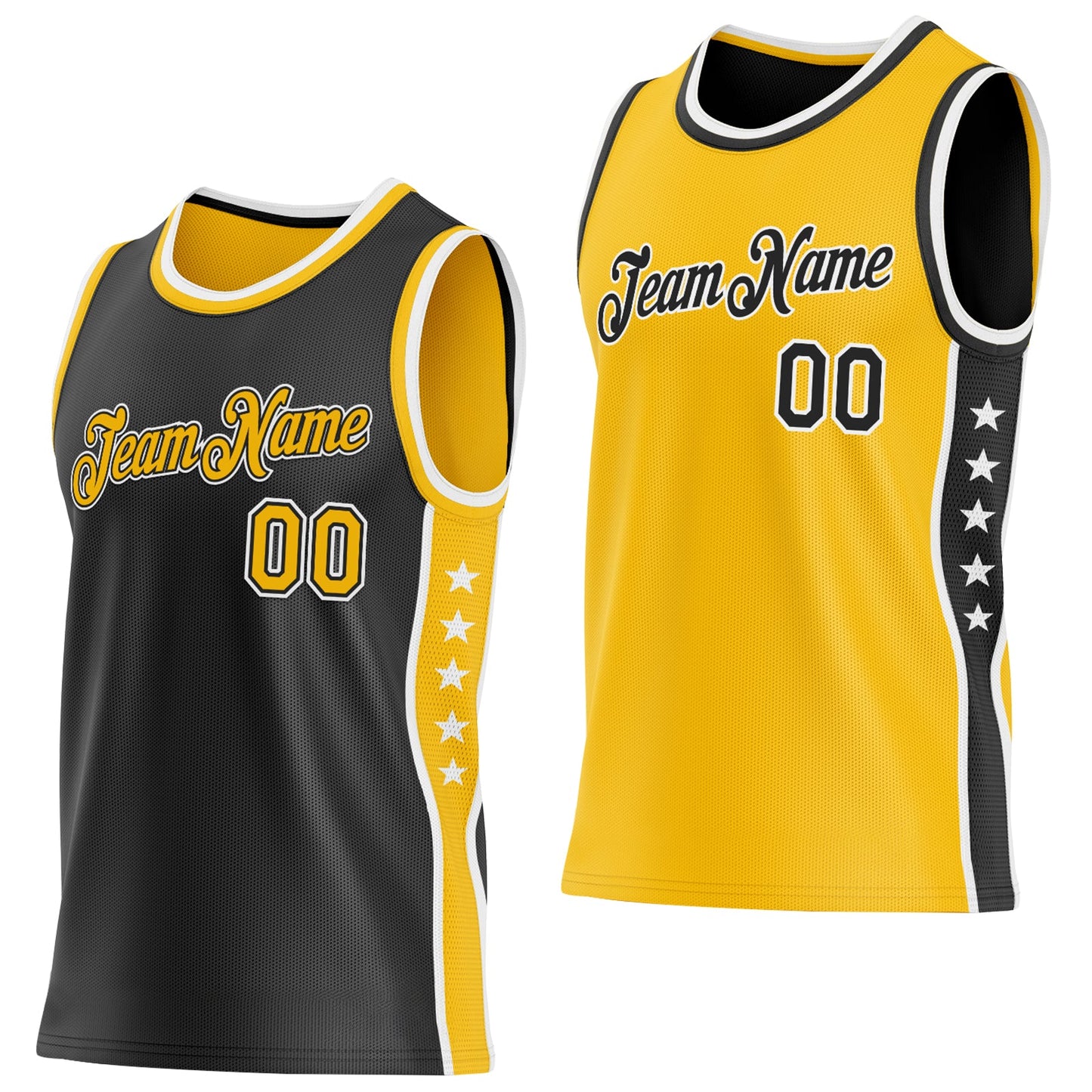 Custom Reversible Black Gold-White Double Side Star Sublimation Basketball Set Jersey
