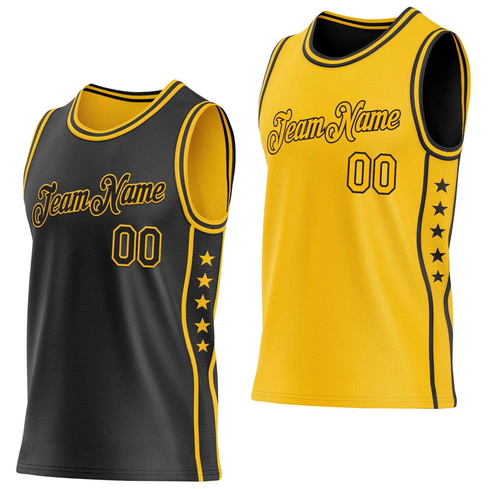 Custom Reversible Black Gold Double Side Star Sublimation Basketball Set Jersey