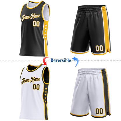 Custom Reversible Black White-Gold Double Side Star Sublimation Basketball Set Jersey