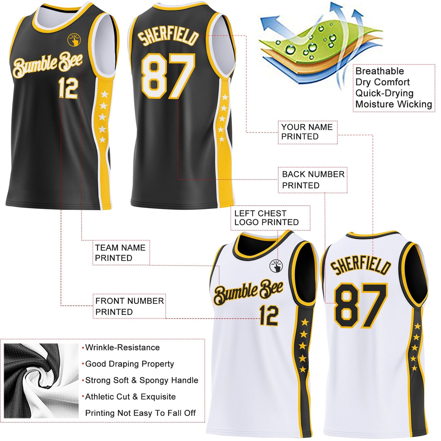 Custom Reversible Black White-Gold Double Side Star Sublimation Basketball Set Jersey