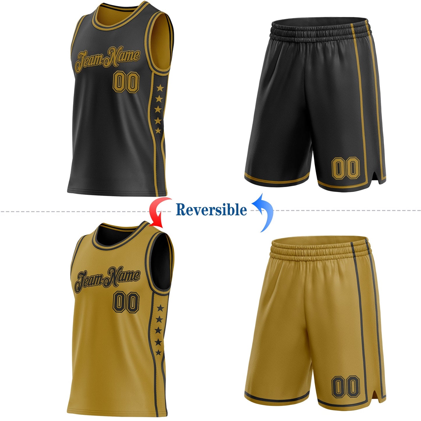 Custom Reversible Black Old Gold Double Side Star Sublimation Basketball Set Jersey