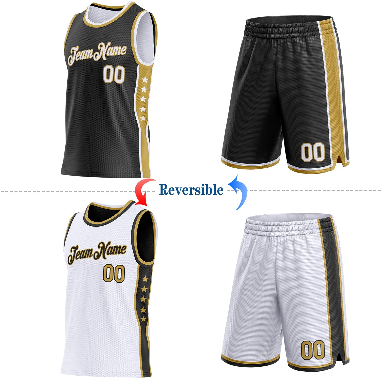 Custom Reversible Black White-Old Gold Double Side Star Sublimation Basketball Set Jersey