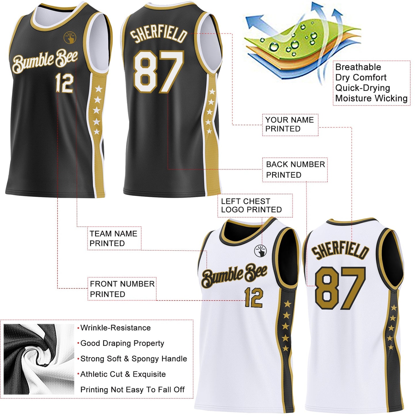Custom Reversible Black White-Old Gold Double Side Star Sublimation Basketball Set Jersey