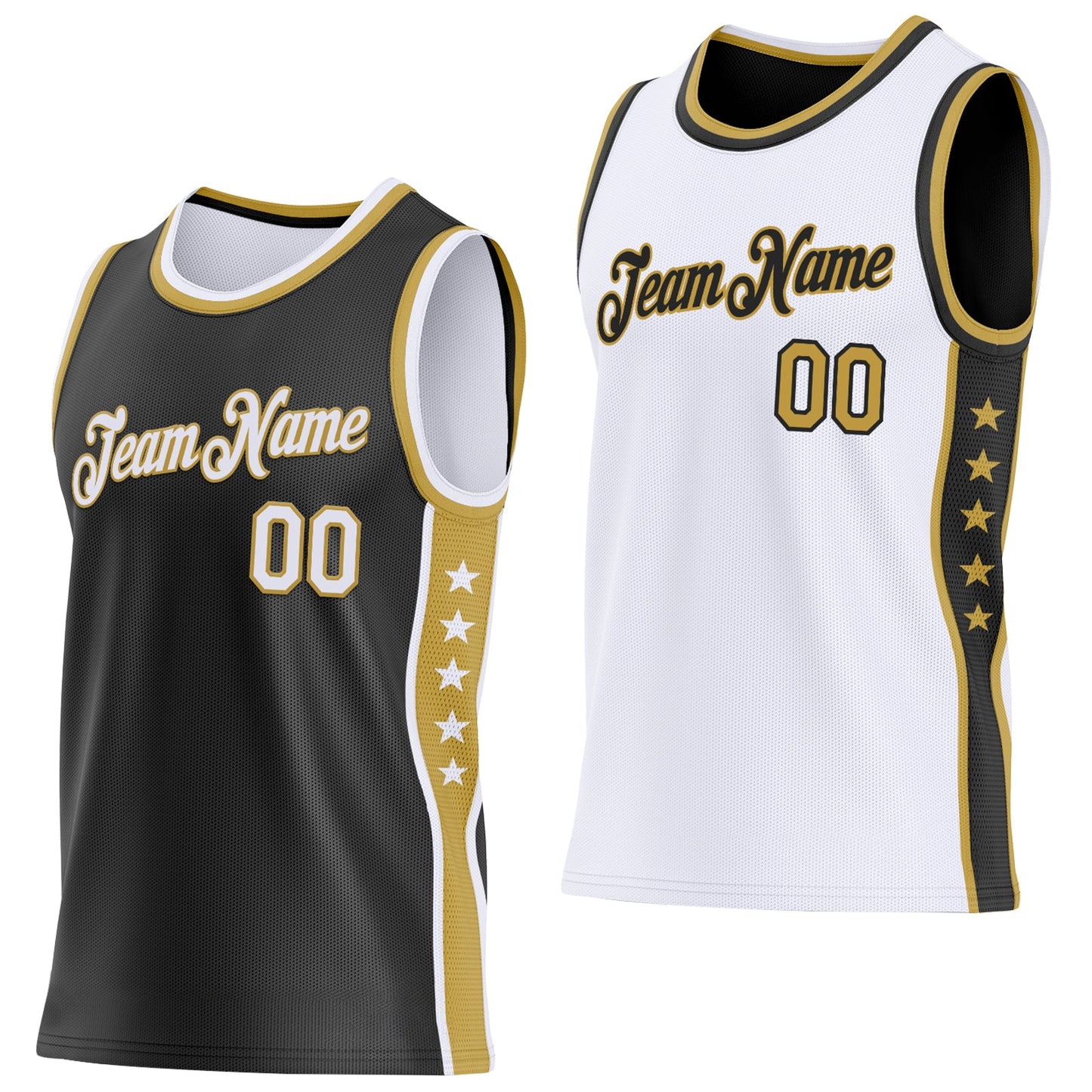 Custom Reversible Black White-Old Gold Double Side Star Sublimation Basketball Set Jersey