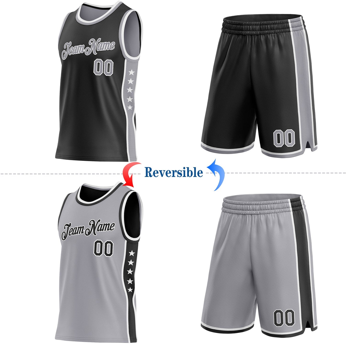 Custom Reversible Black Gray-White Double Side Star Sublimation Basketball Set Jersey