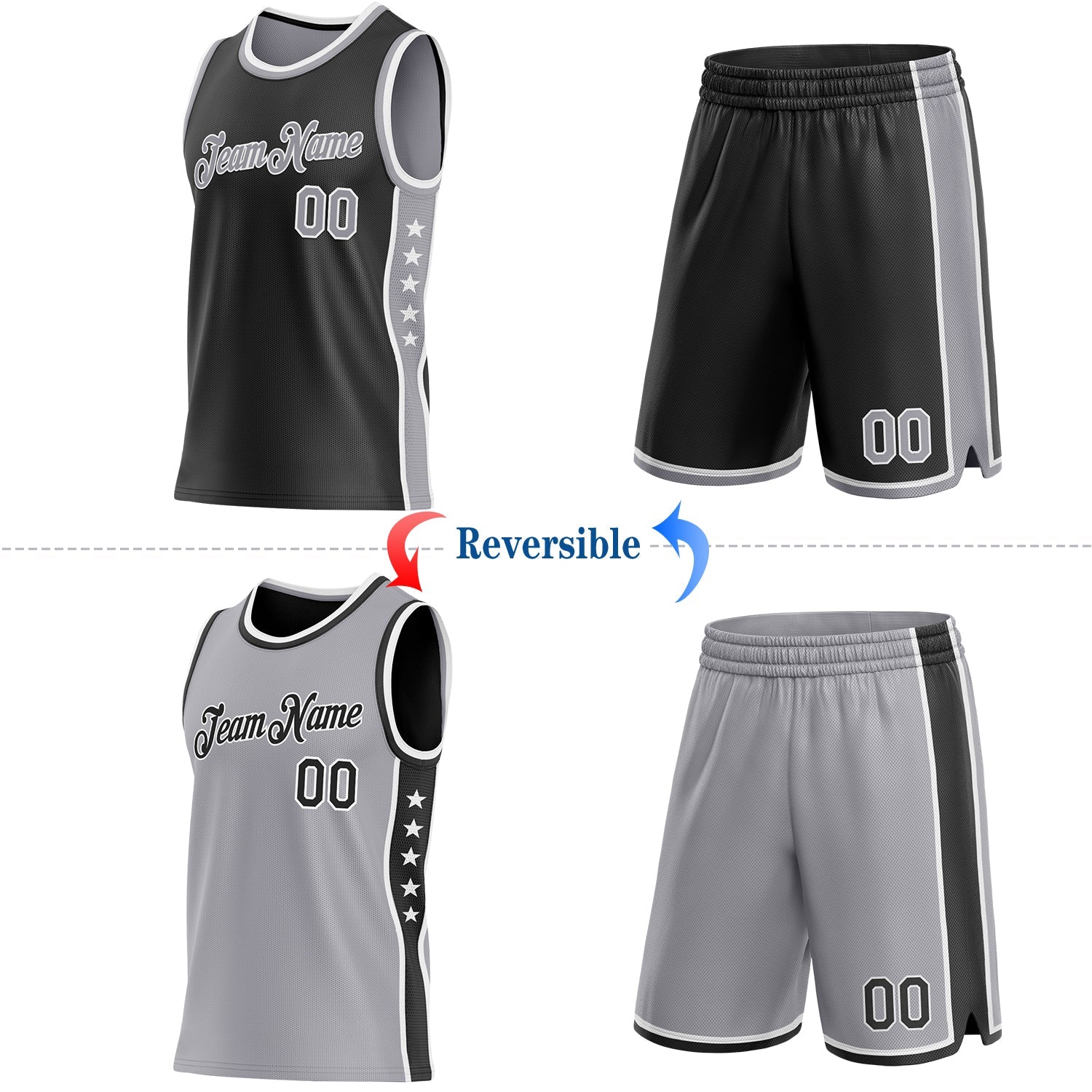 Custom Reversible Black Gray-White Double Side Star Sublimation Basketball Set Jersey
