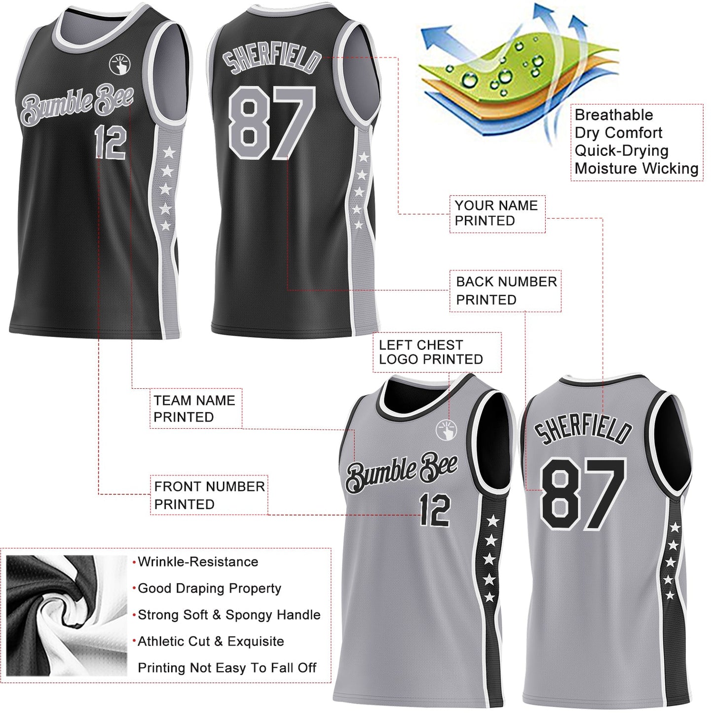 Custom Reversible Black Gray-White Double Side Star Sublimation Basketball Set Jersey