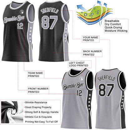 Custom Reversible Black Gray-White Double Side Star Sublimation Basketball Set Jersey