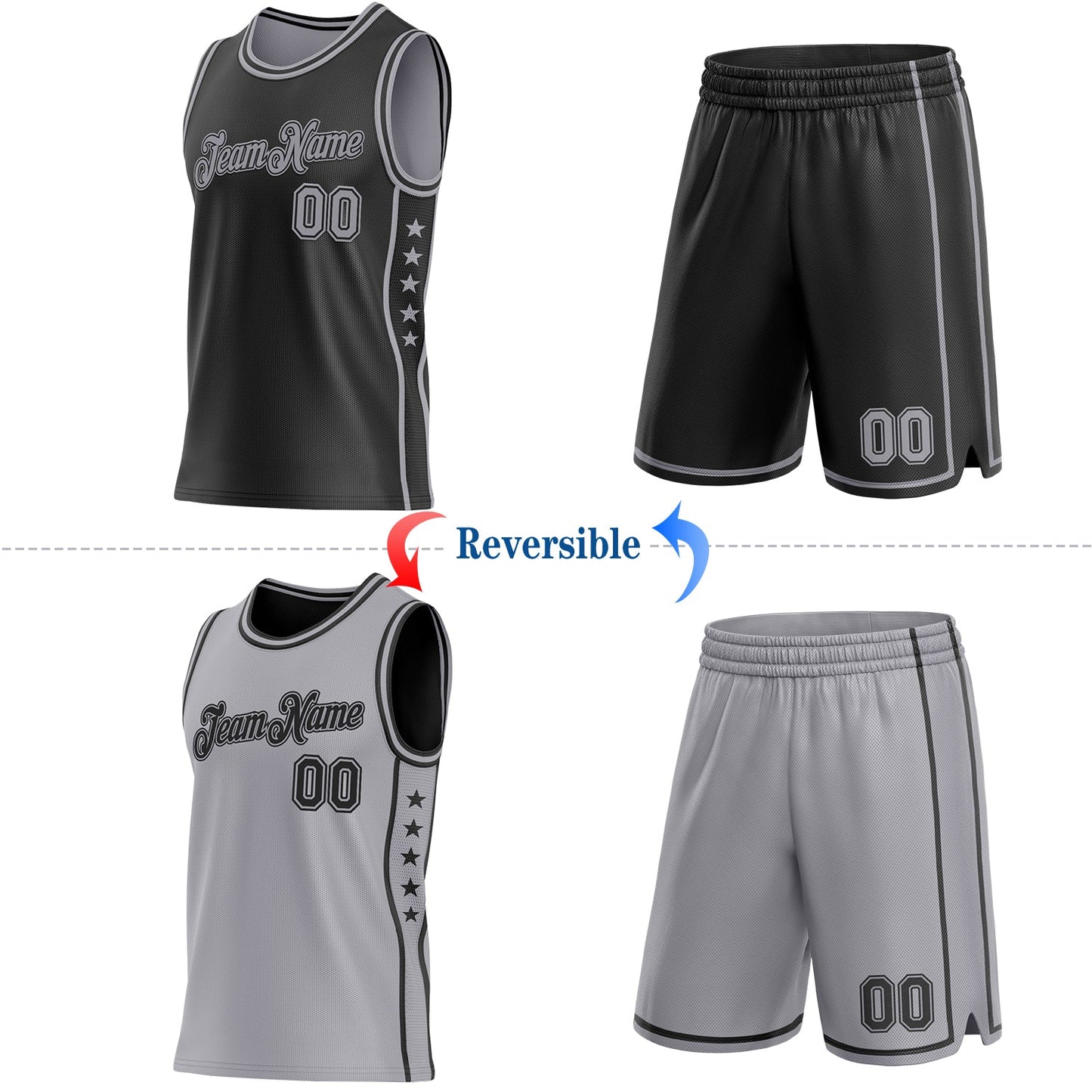 Custom Reversible Black Gray Double Side Star Sublimation Basketball Set Jersey
