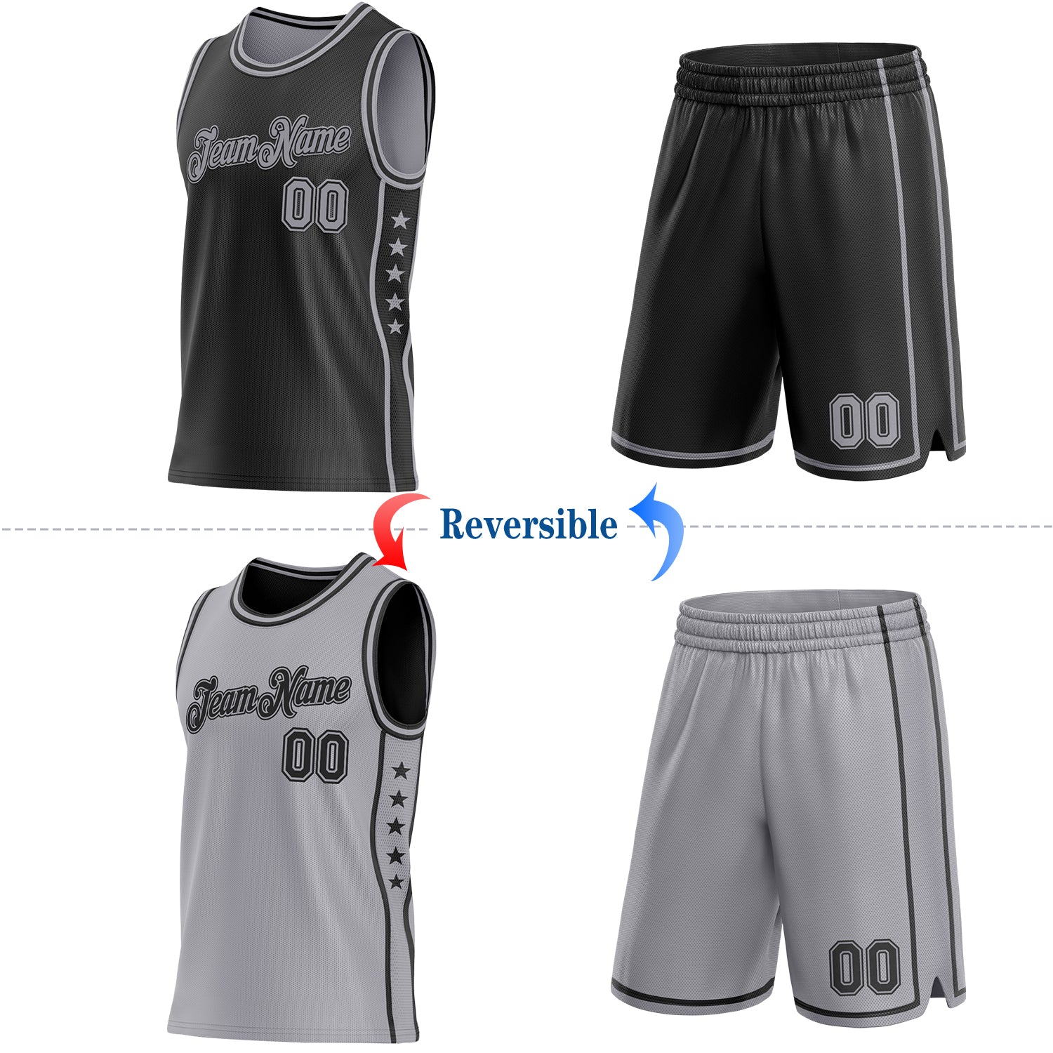 Custom Reversible Black Gray Double Side Star Sublimation Basketball Set Jersey