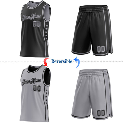 Custom Reversible Black Gray Double Side Star Sublimation Basketball Set Jersey