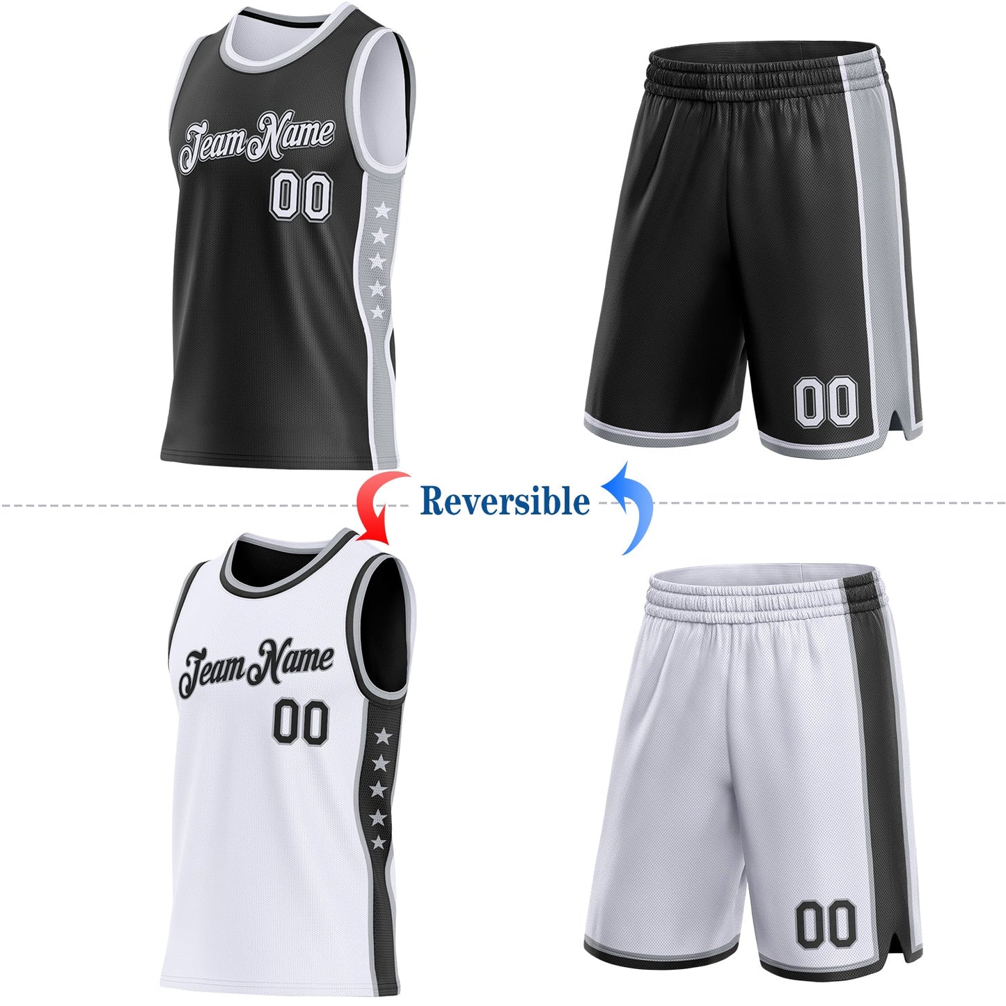 Custom Reversible Black White-Gray Double Side Star Sublimation Basketball Set Jersey