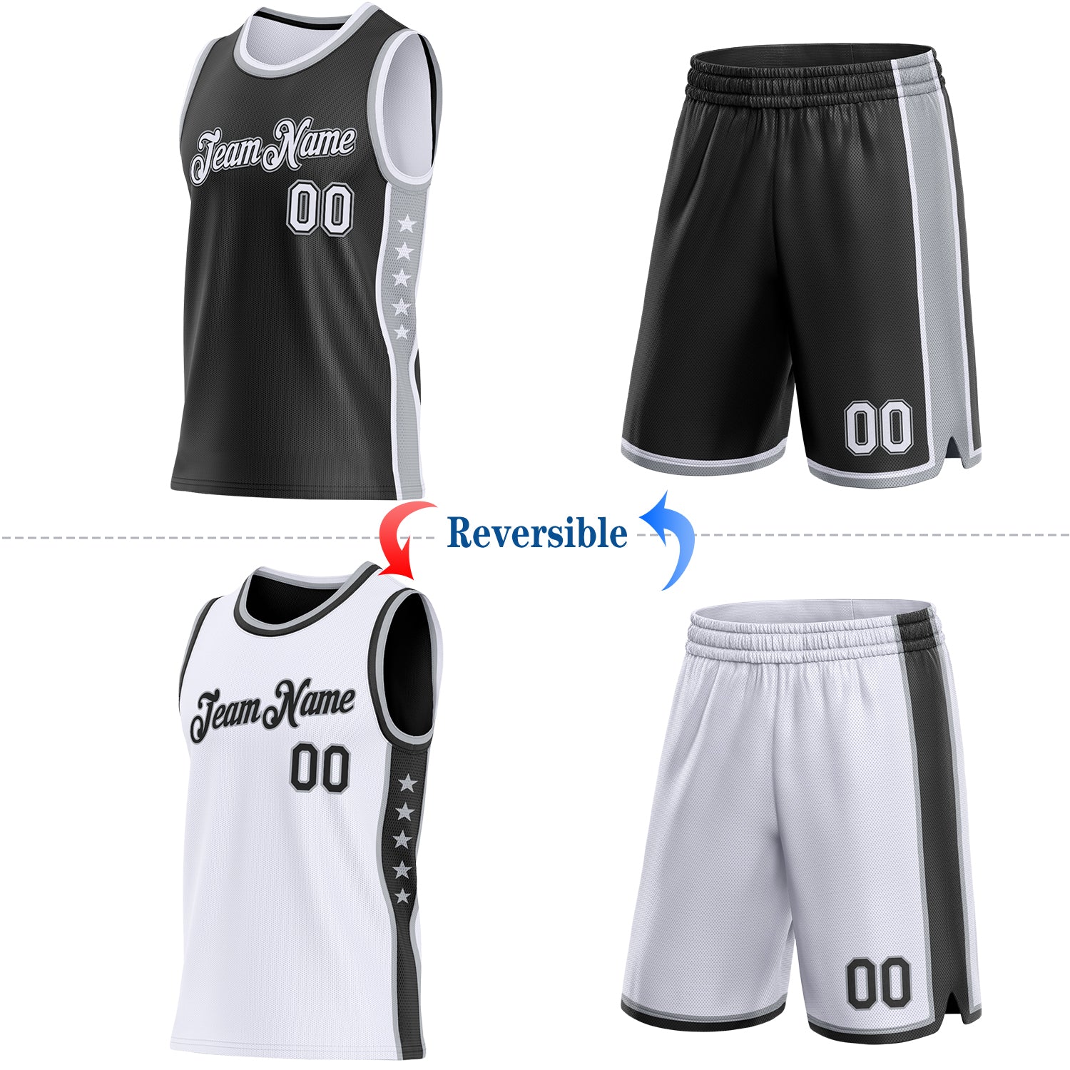 Custom Reversible Black White-Gray Double Side Star Sublimation Basketball Set Jersey