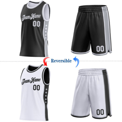 Custom Reversible Black White-Gray Double Side Star Sublimation Basketball Set Jersey