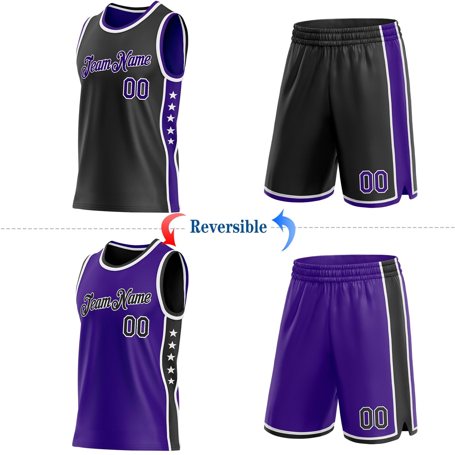 Custom Reversible Black Purple-White Double Side Star Sublimation Basketball Set Jersey
