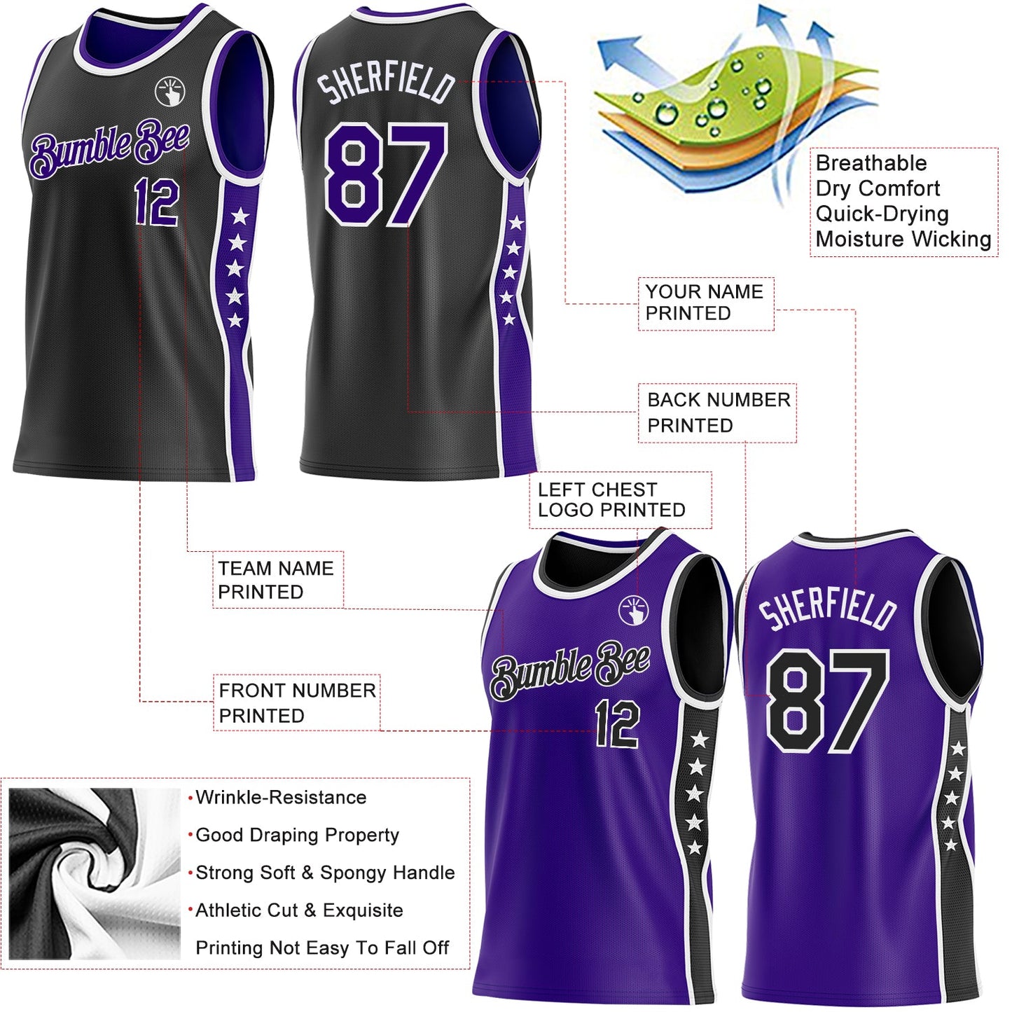 Custom Reversible Black Purple-White Double Side Star Sublimation Basketball Set Jersey