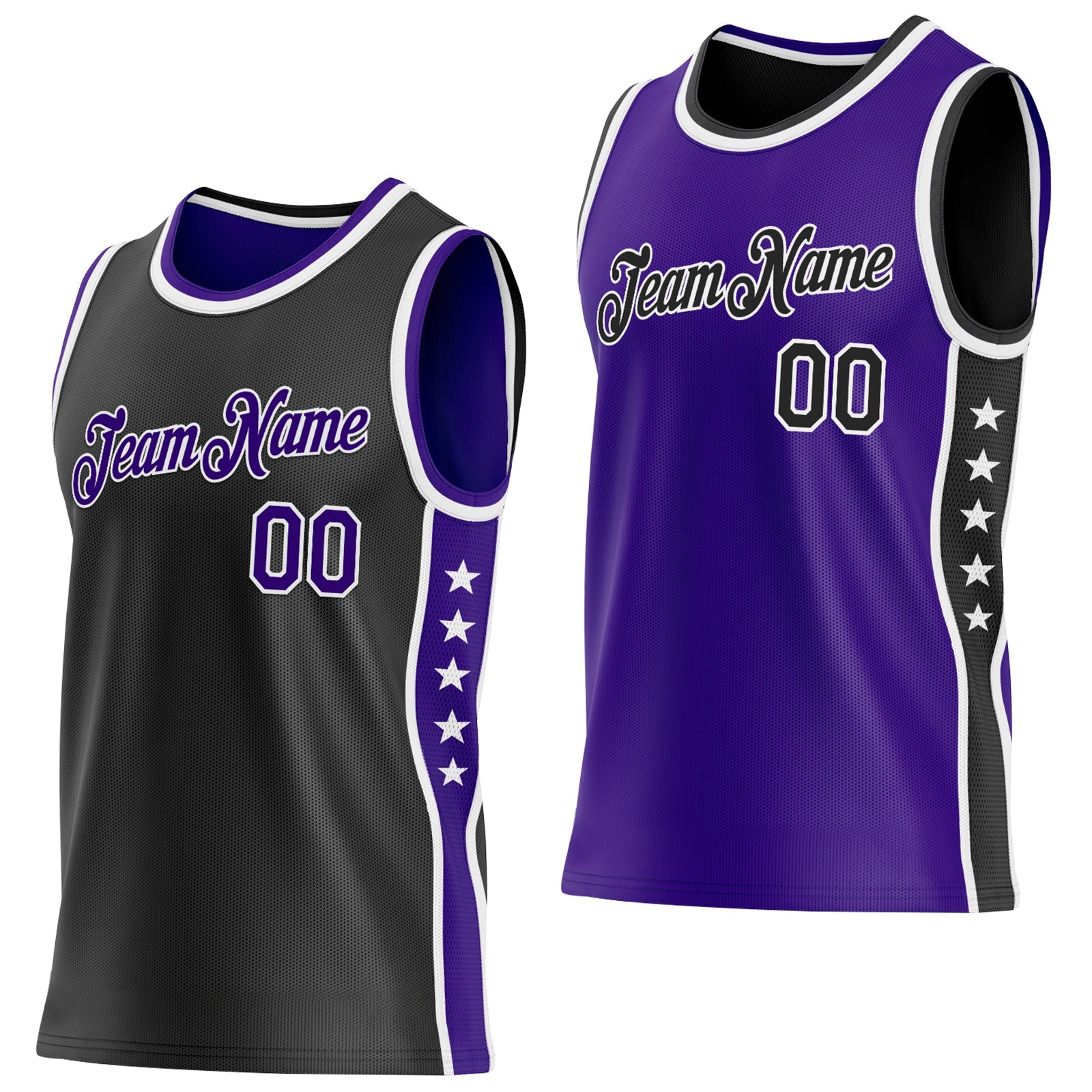 Custom Reversible Black Purple-White Double Side Star Sublimation Basketball Set Jersey