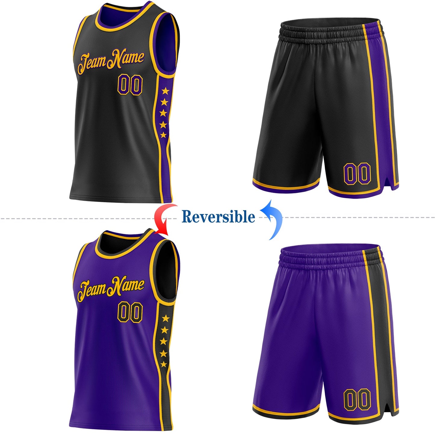 Custom Reversible Black Purple-Gold Double Side Star Sublimation Basketball Set Jersey