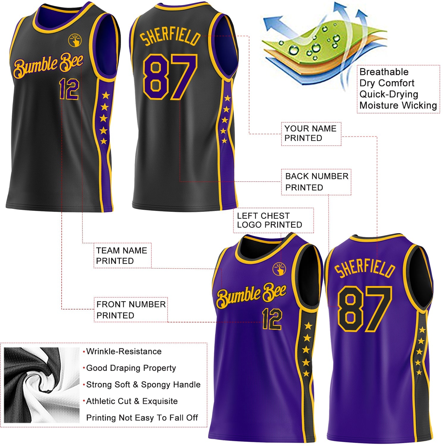 Custom Reversible Black Purple-Gold Double Side Star Sublimation Basketball Set Jersey