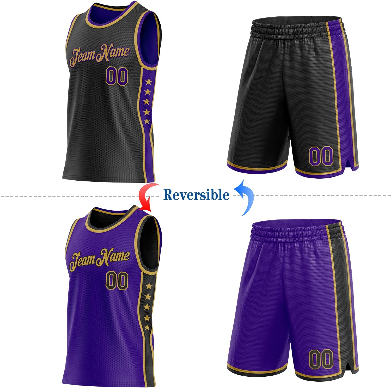 Custom Reversible Black Purple-Old Gold Double Side Star Sublimation Basketball Set Jersey