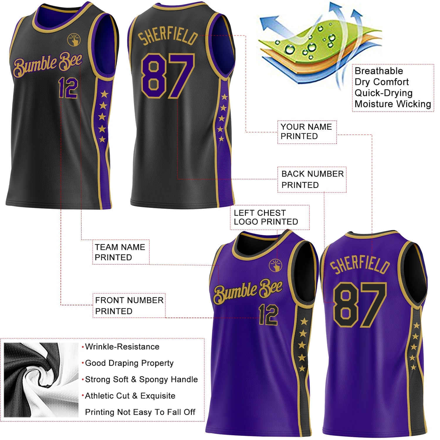 Custom Reversible Black Purple-Old Gold Double Side Star Sublimation Basketball Set Jersey
