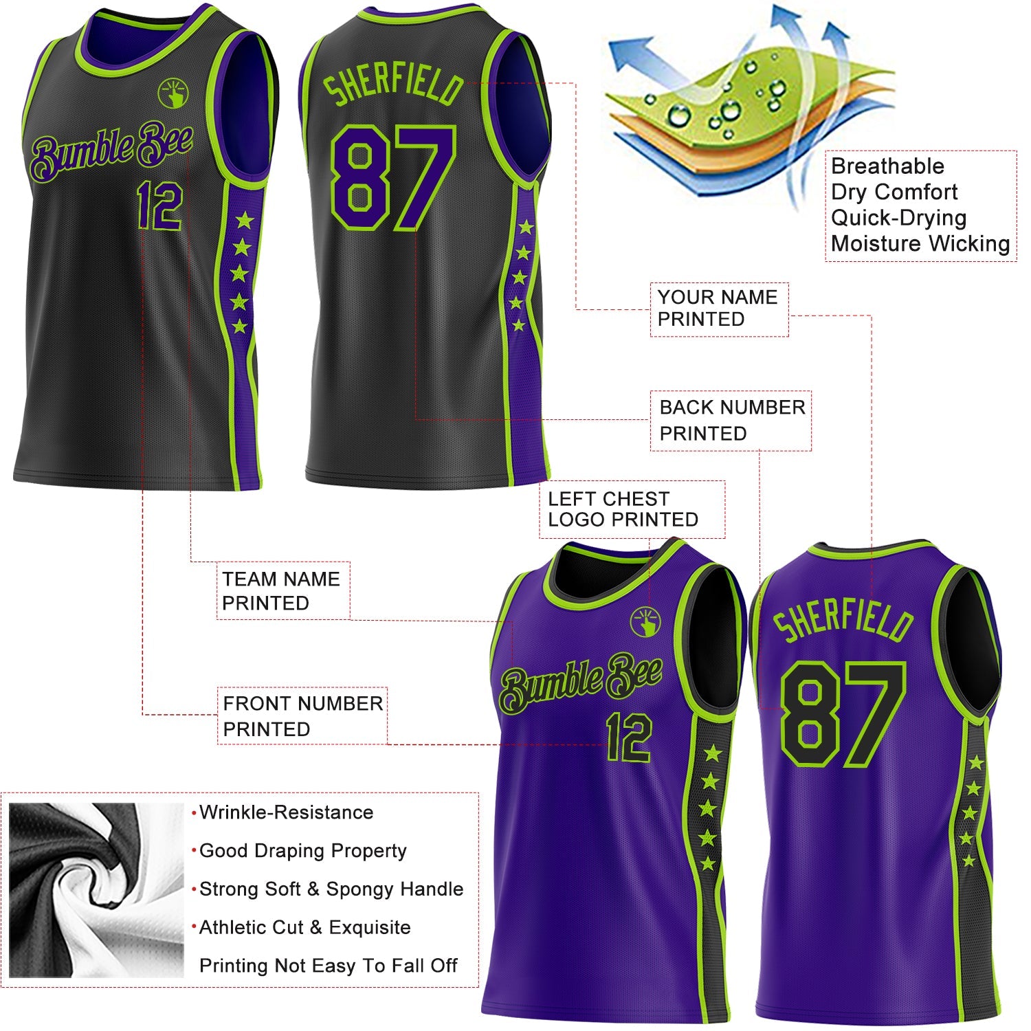 Custom Reversible Black Purple-Neon Green Double Side Star Sublimation Basketball Set Jersey