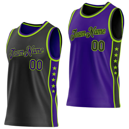 Custom Reversible Black Purple-Neon Green Double Side Star Sublimation Basketball Set Jersey