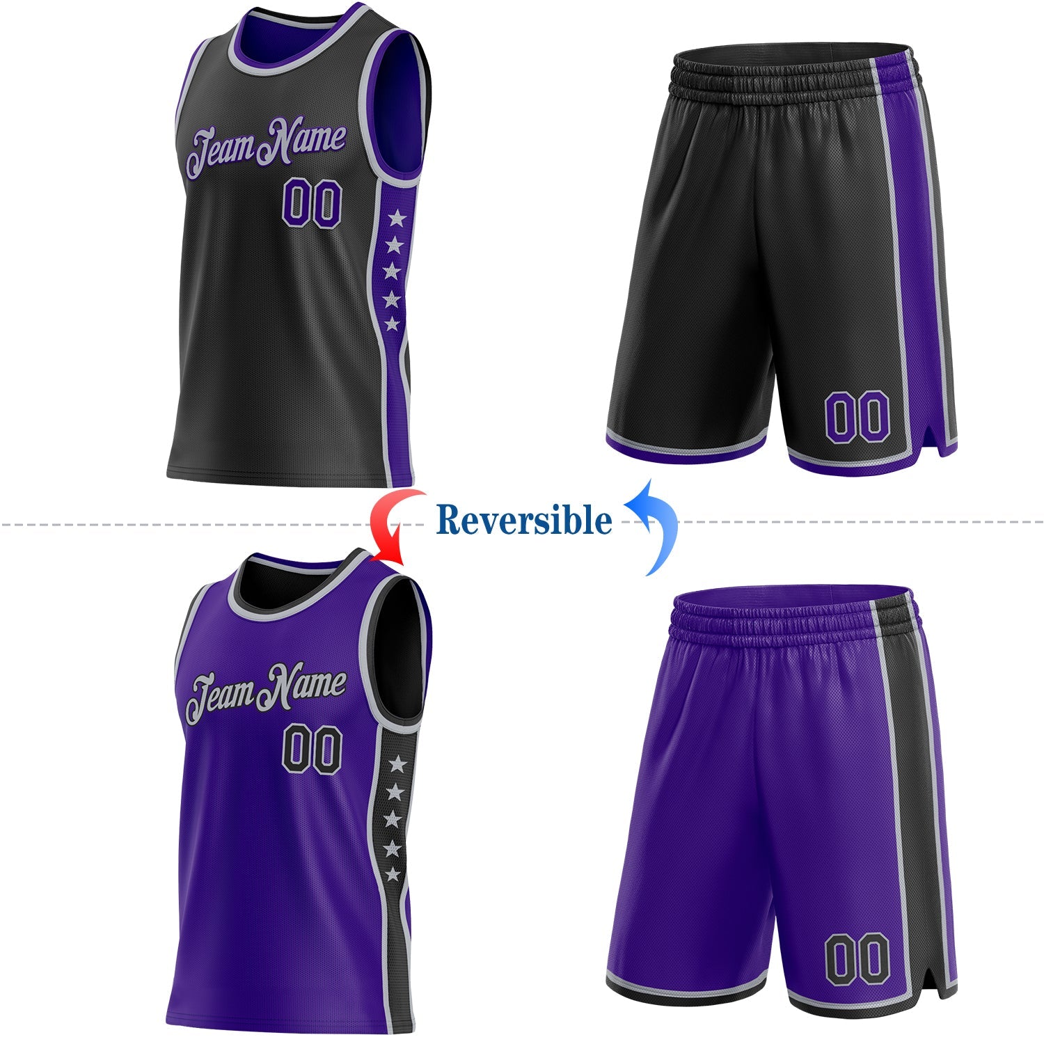 Custom Reversible Black Purple-Gray Double Side Star Sublimation Basketball Set Jersey