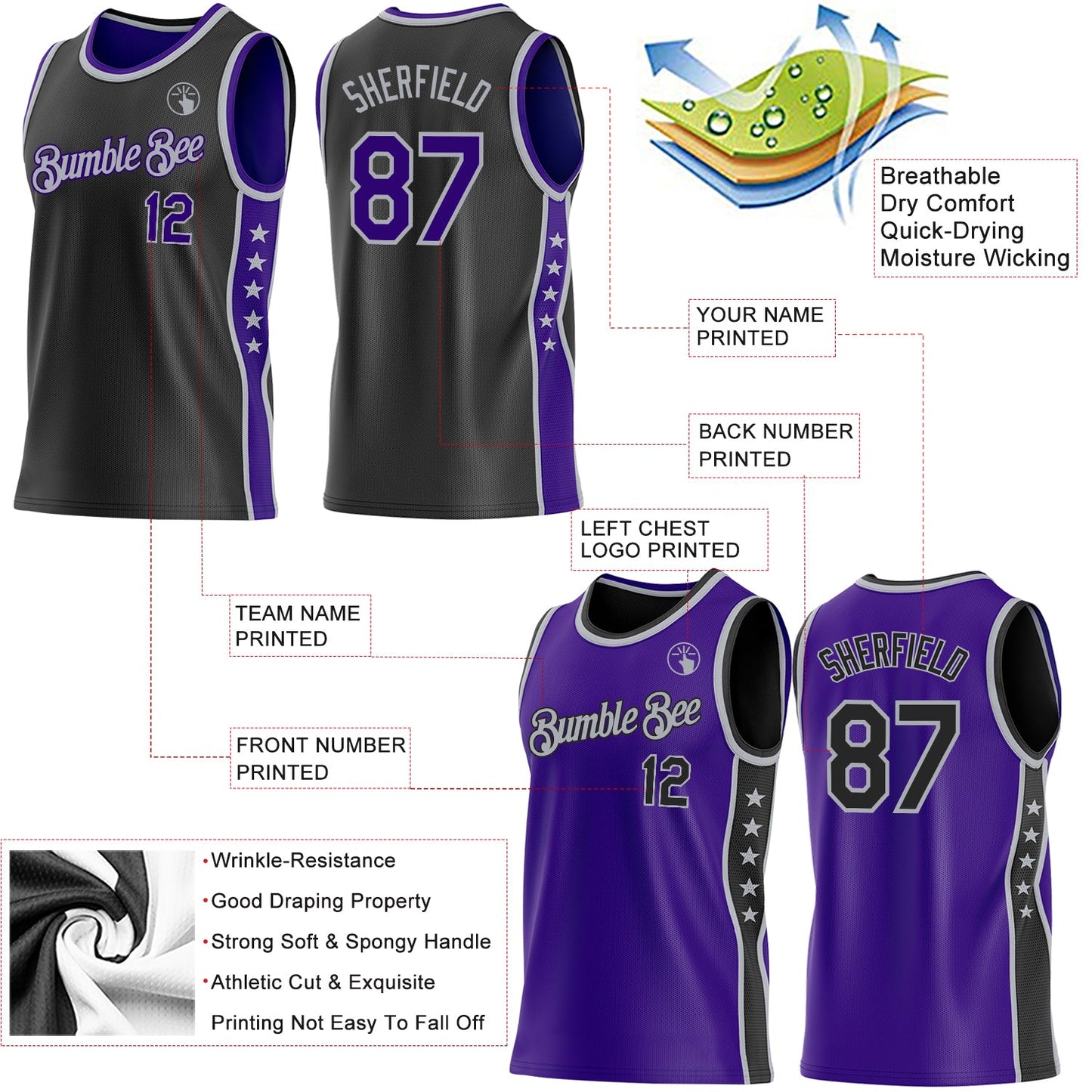 Custom Reversible Black Purple-Gray Double Side Star Sublimation Basketball Set Jersey