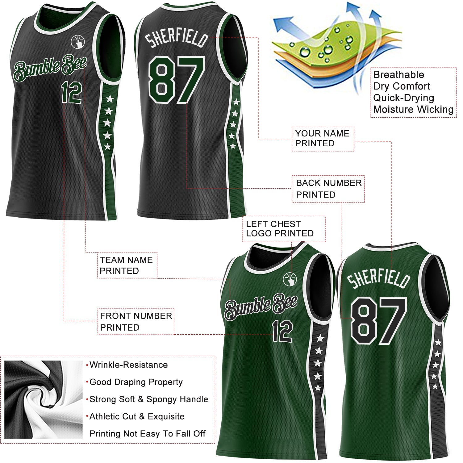 Custom Reversible Black Green-White Double Side Star Sublimation Basketball Set Jersey