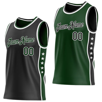 Custom Reversible Black Green-White Double Side Star Sublimation Basketball Set Jersey