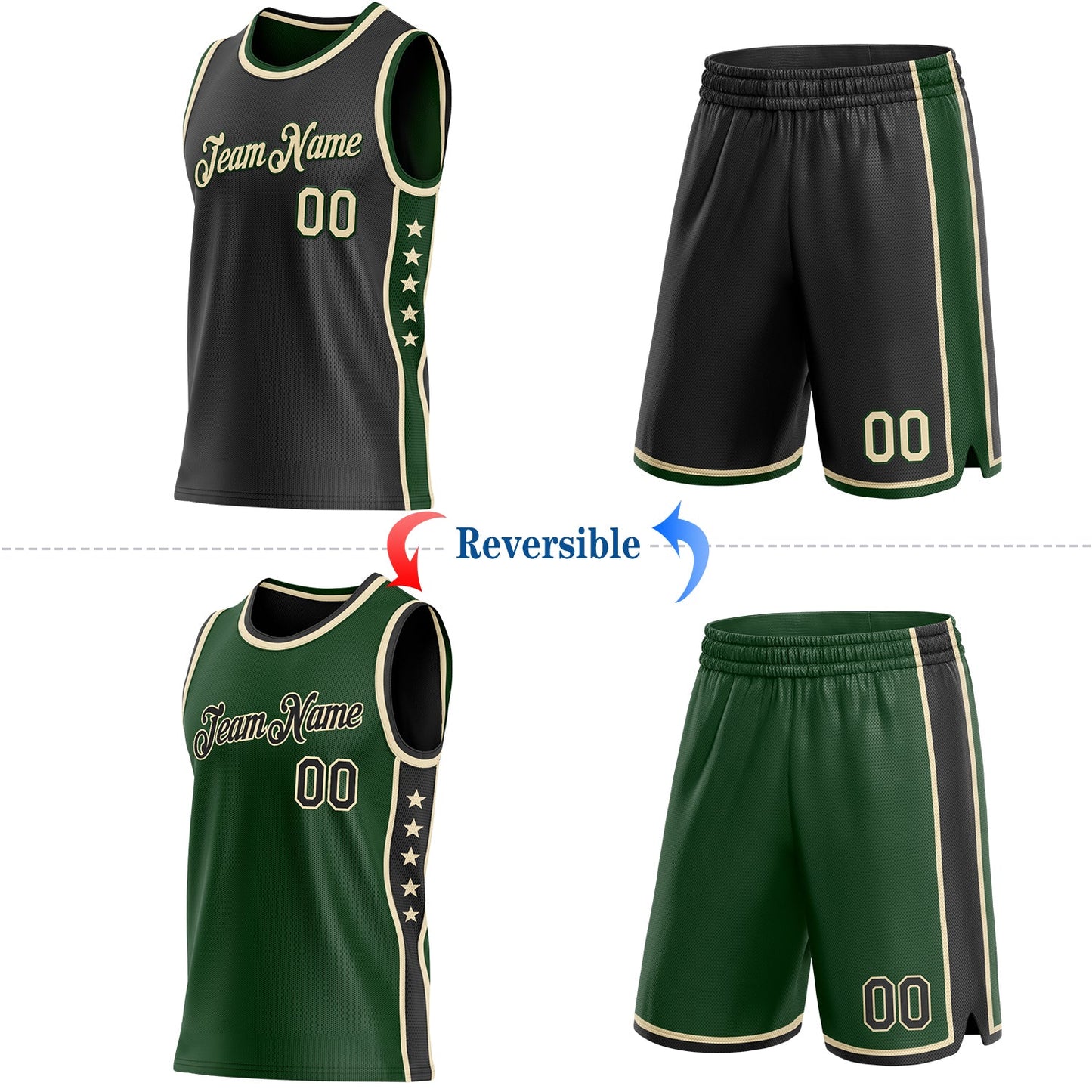 Custom Reversible Black Cream-Green Double Side Star Sublimation Basketball Set Jersey