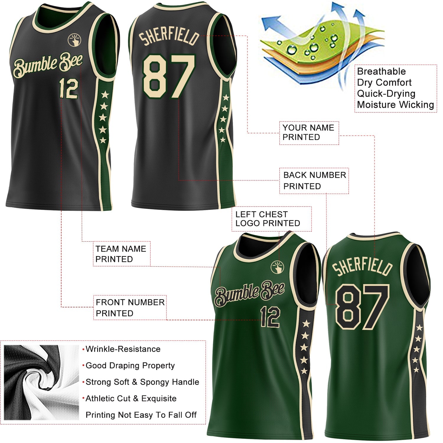 Custom Reversible Black Cream-Green Double Side Star Sublimation Basketball Set Jersey