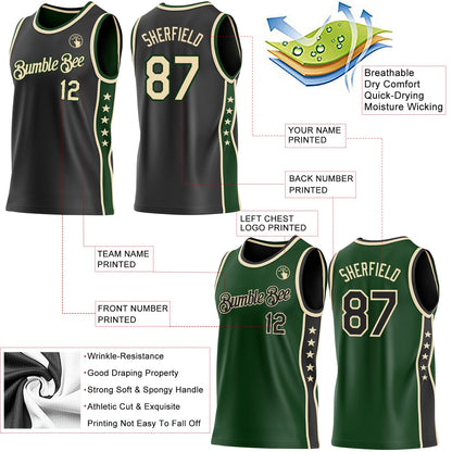 Custom Reversible Black Cream-Green Double Side Star Sublimation Basketball Set Jersey